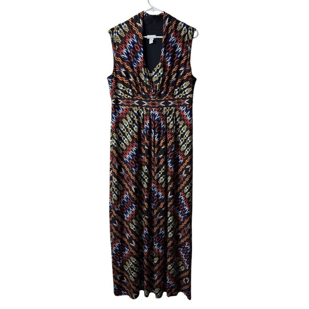 Chicos Black Patterned Ruched Empire Waist Sleeveless Maxi Dress